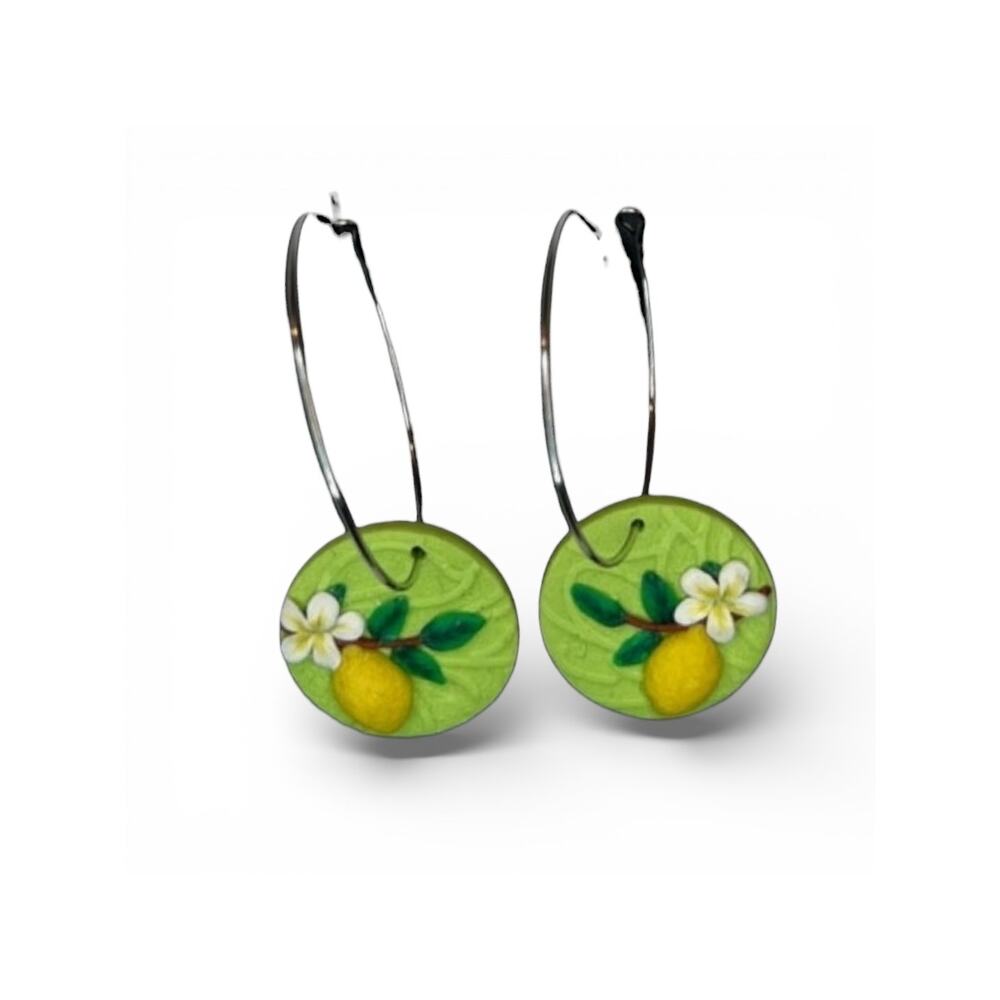 Lemon Blossom Green Silver Hoop Earrings Handmade Spring Summer Blossom Citrus